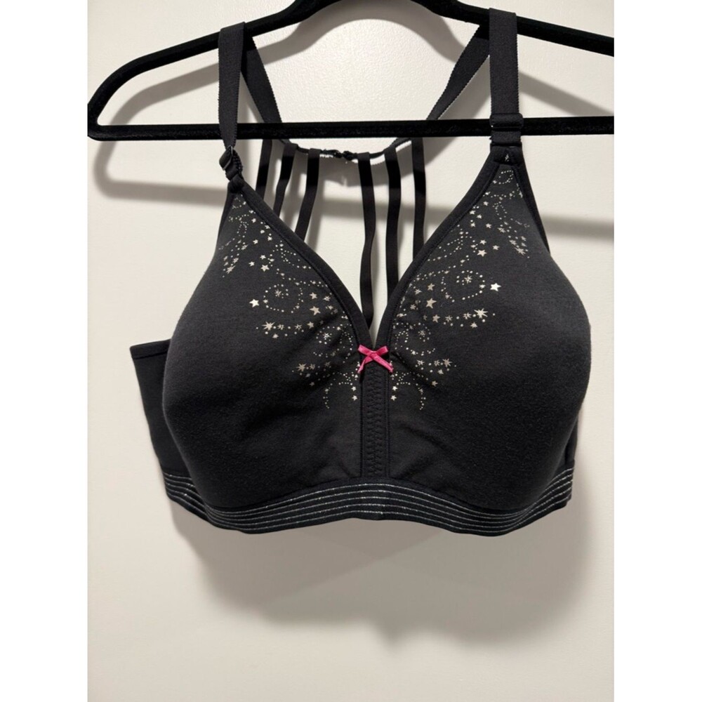 Cacique Black Wireless Bra with Metallic Star Print and Pink Bow - Picture 1 of 4